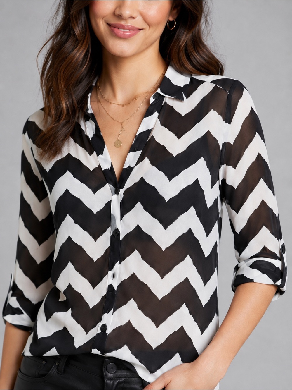 BCX Sheer Black & White Chevron Roll-Tab Blouse – Size Small